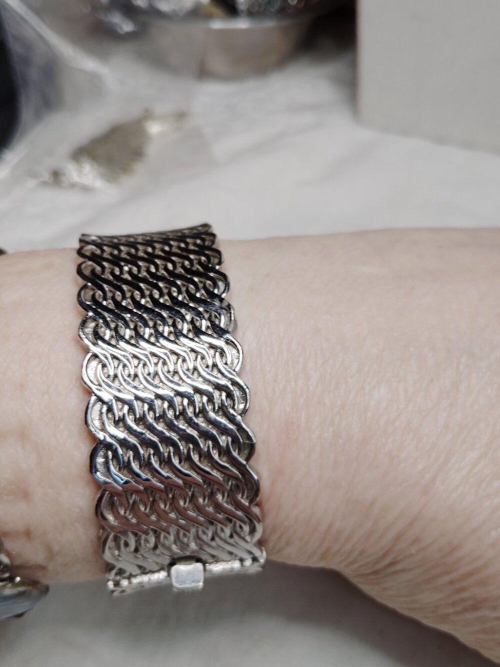 Vintage Crown Trifari Silver‑Tone Woven Bracelet – 1950s‑1960s, 1" Wide